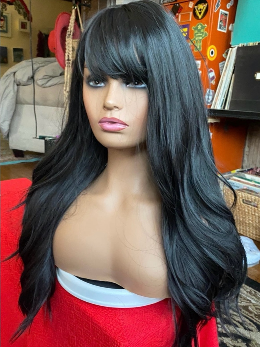 Wavy long sexy black wig with bangs